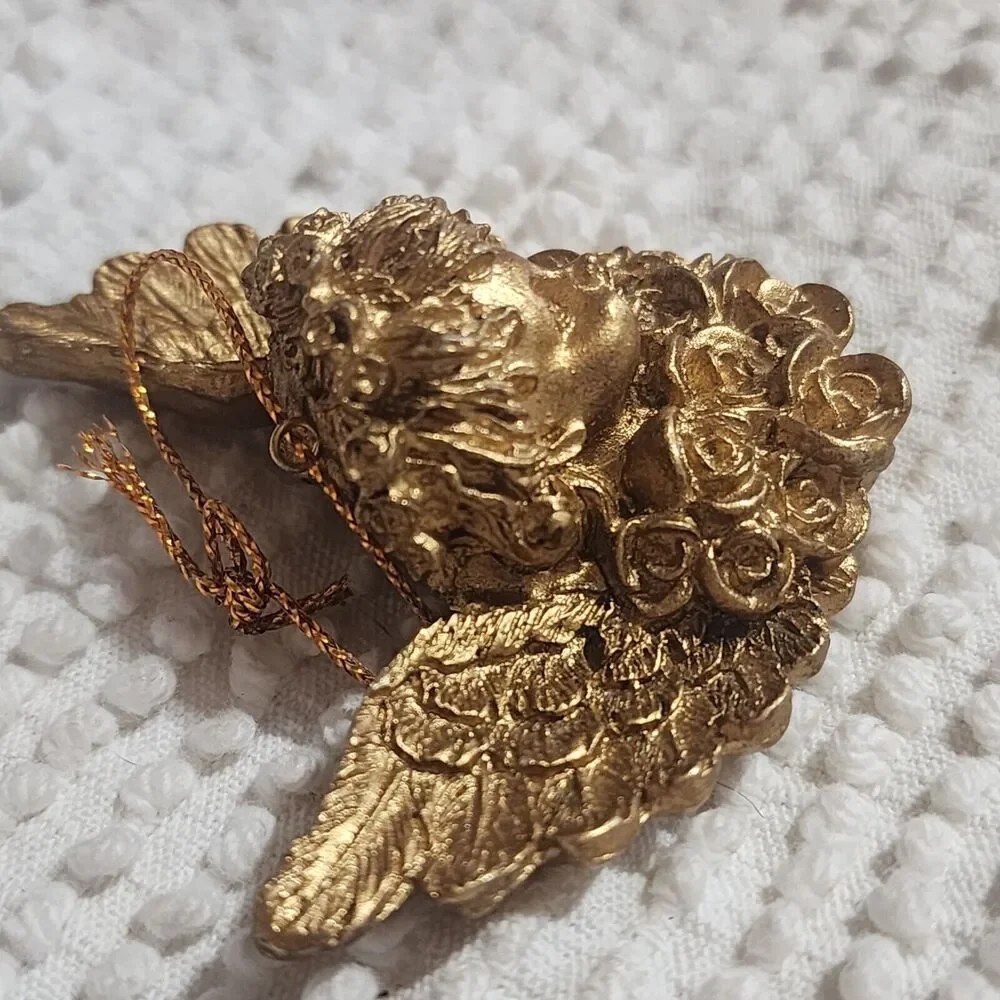 Rare Vintage 3D Cherub Angel Face & Wings Rose Flowers Art Gold Wall Hangings